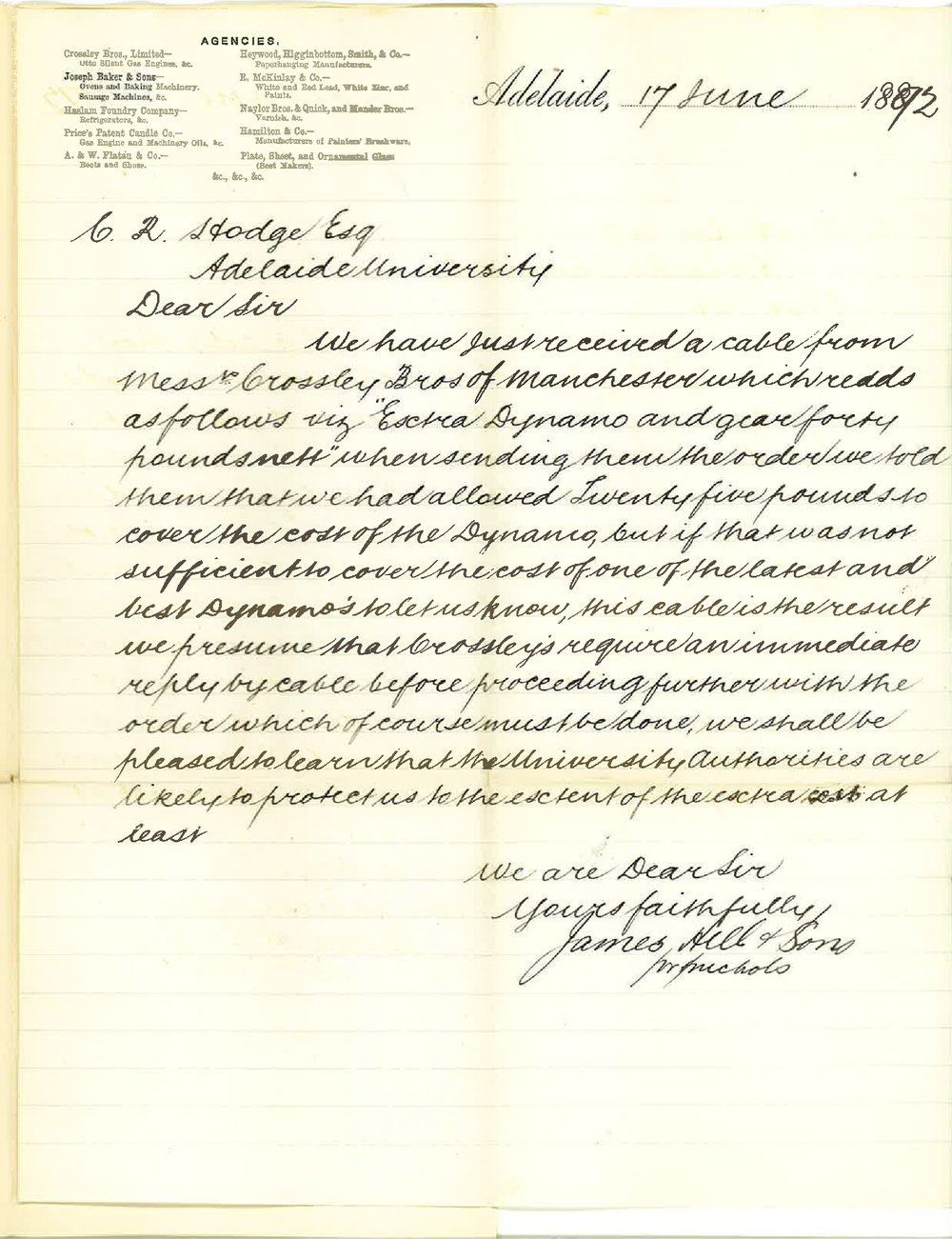 James Hill and Sons - Adelaide - Regarding Gas Engine and Dynamo