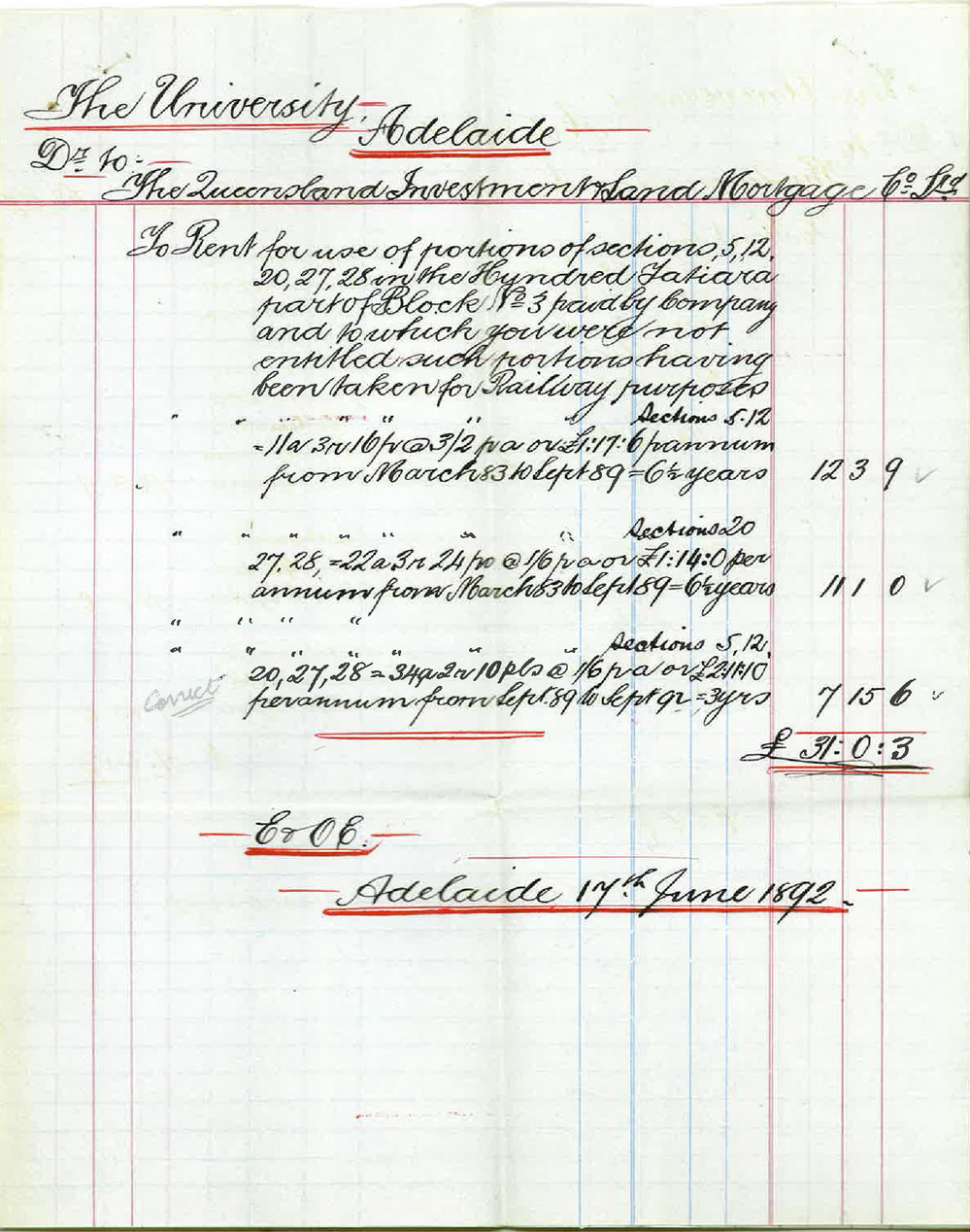 Frank Woolley - Secretary - Queensland Investment and Land Mortgage Company Limited - Victoria Square Adelaide - Account for Over Charged Rent