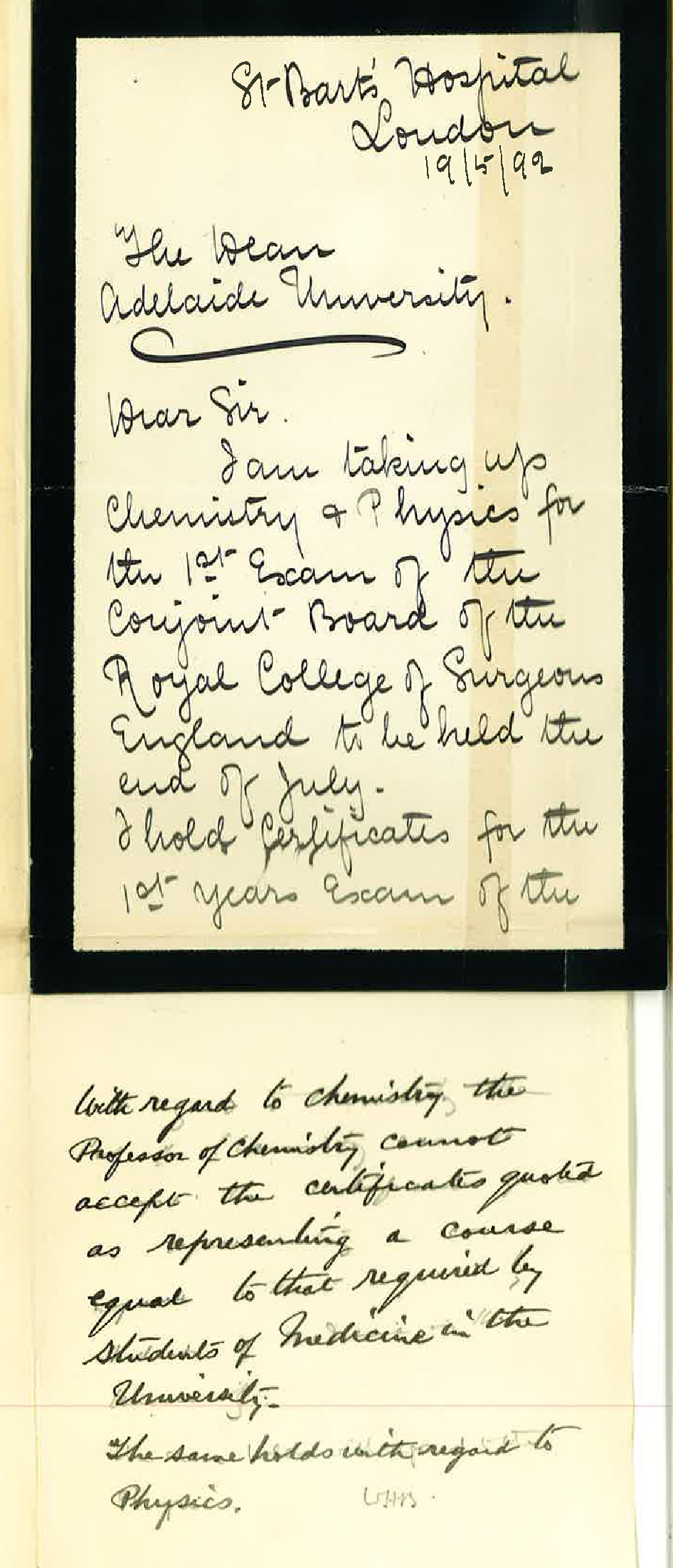 Sidney John Oldacres Dickins - St Barts Hospital - London - Value of Certificates in Physics and Chemistry