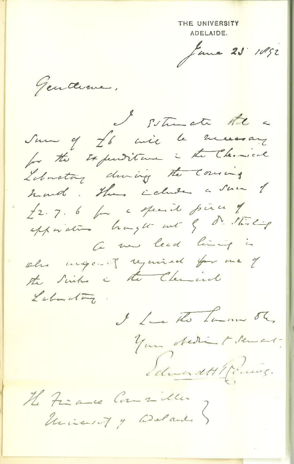 Professor Edward Henry Rennie - The University - Estimate Expenditure for July 1892