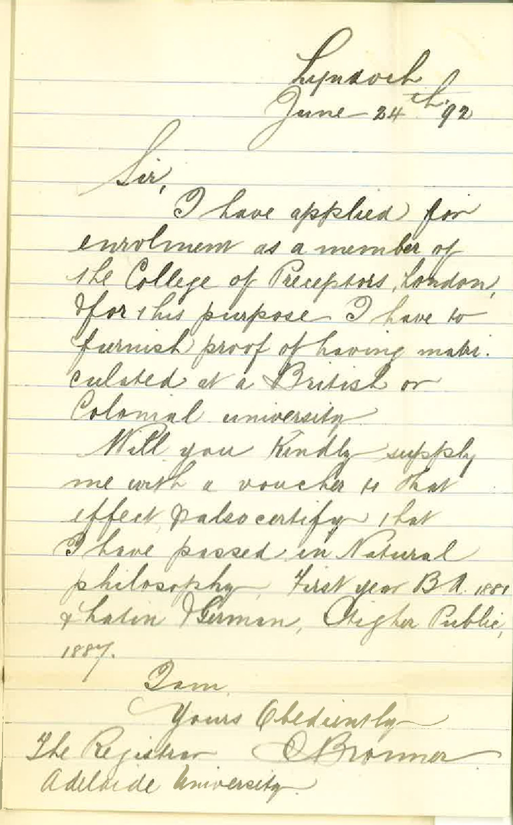 C Bronner - Lyndoch - Requesting Certificates