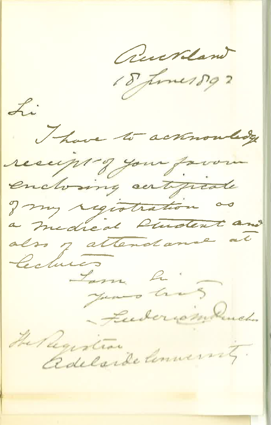 Frederic Maurice Purchas - Auckland - Acknowledgement of Receipt of Certificates