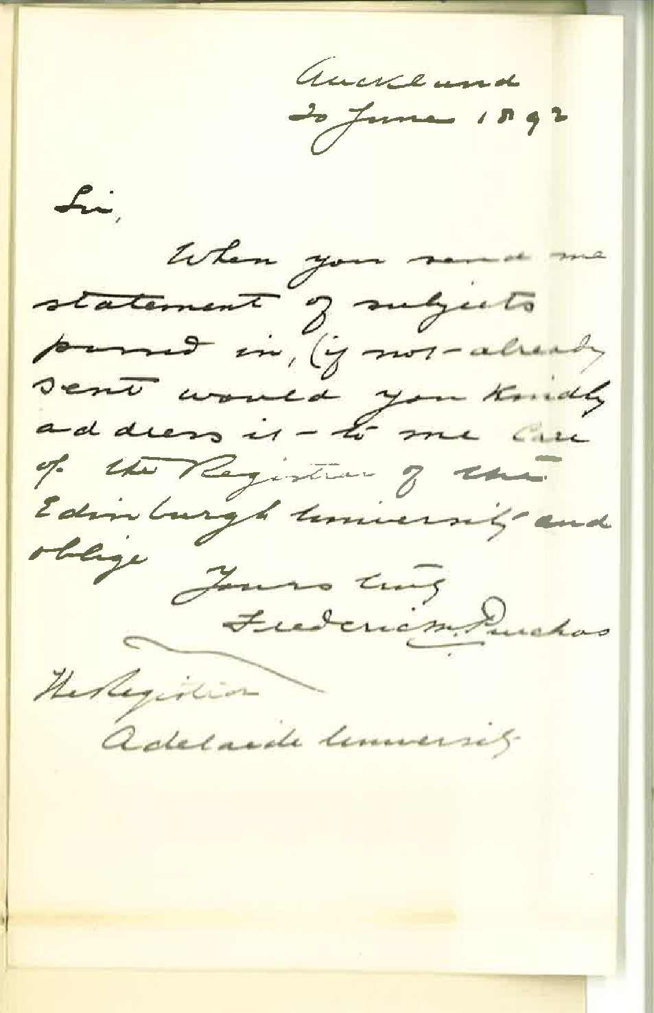 Frederic Maurice Purchas - Auckland - Address to Send Certificates