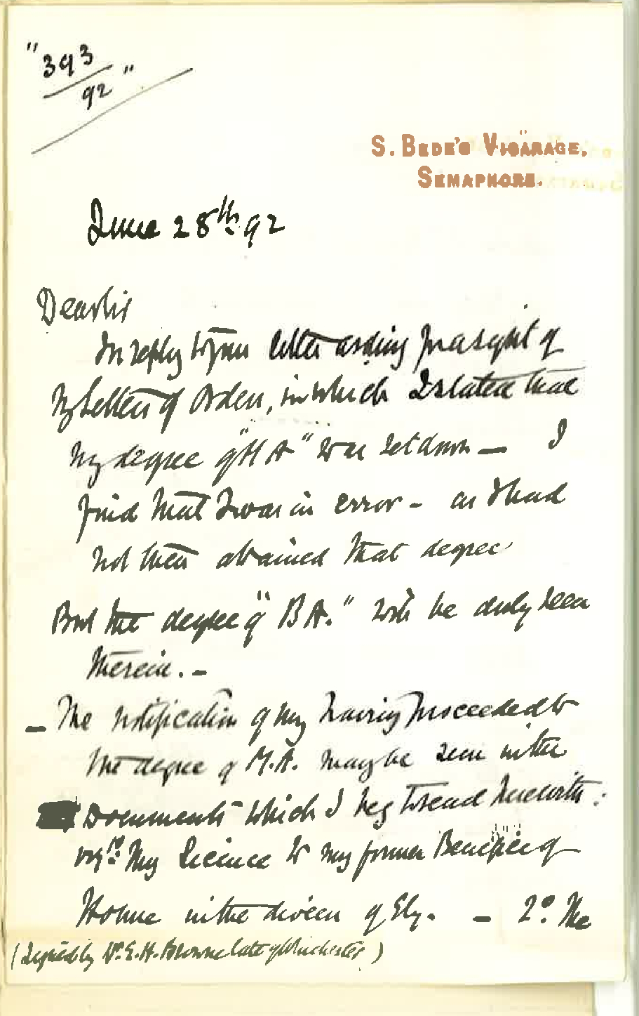 W A Campbell - Semaphore - Regarding Admission Ad Eundem Gradum to the Degree of MA