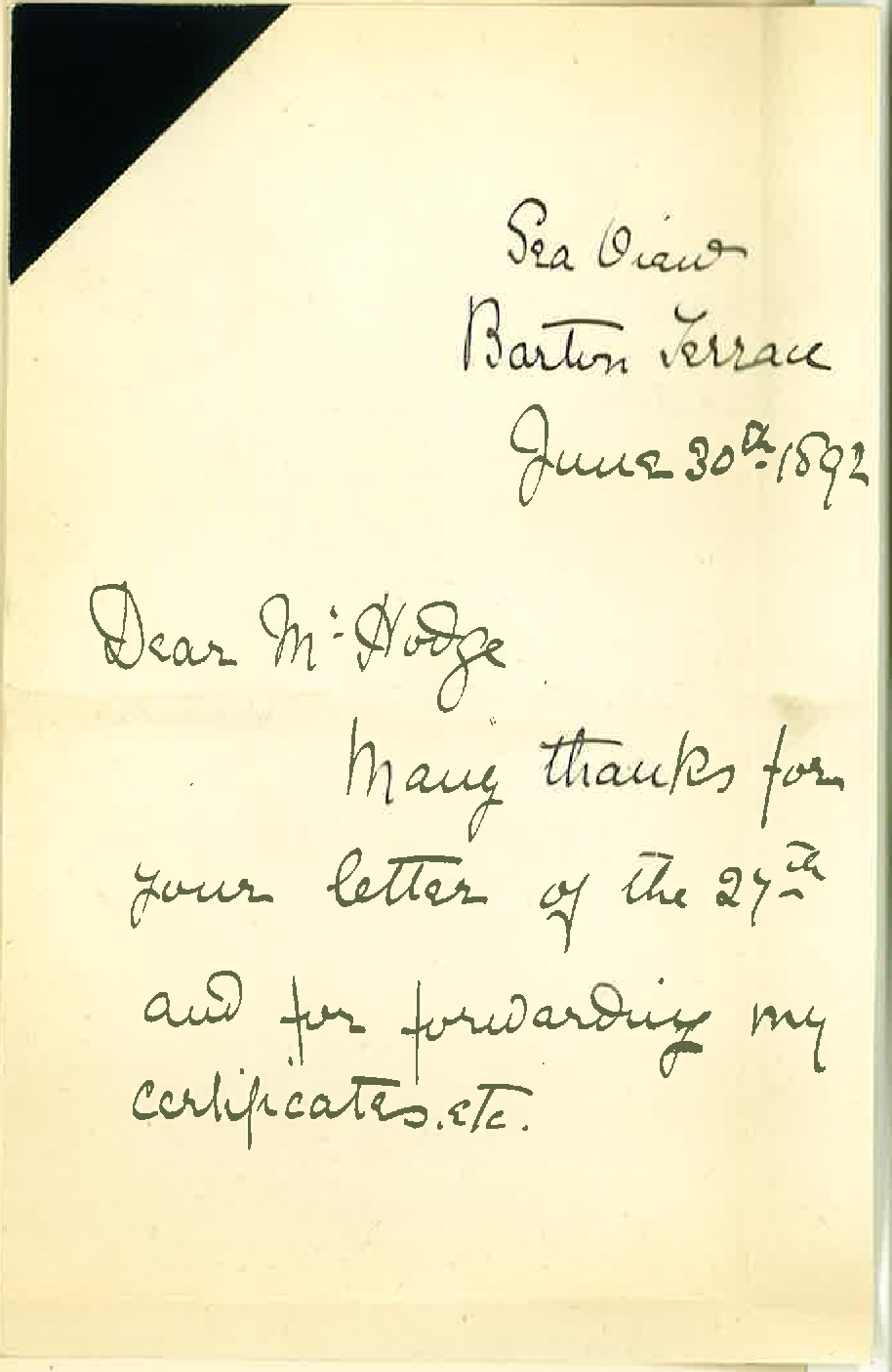 Miss Constance Brightman Hastings - North Adelaide - Acknowledgement of Return of Certificates