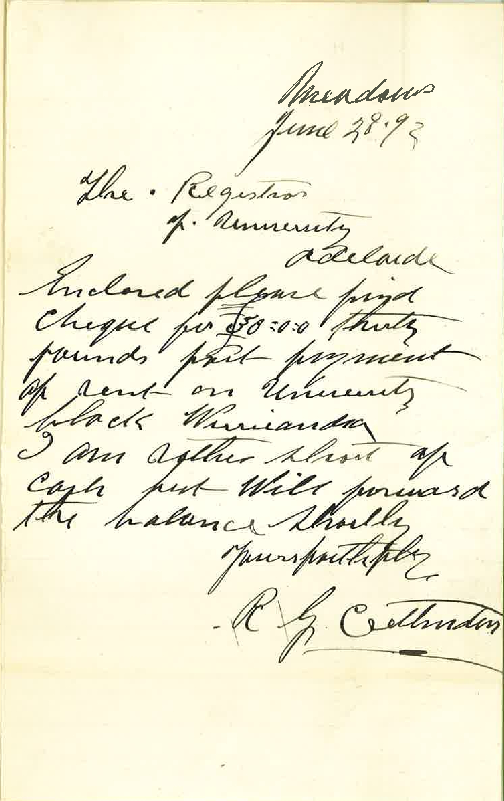 Robert George Crettenden - Meadows North - Part Payment of Rent