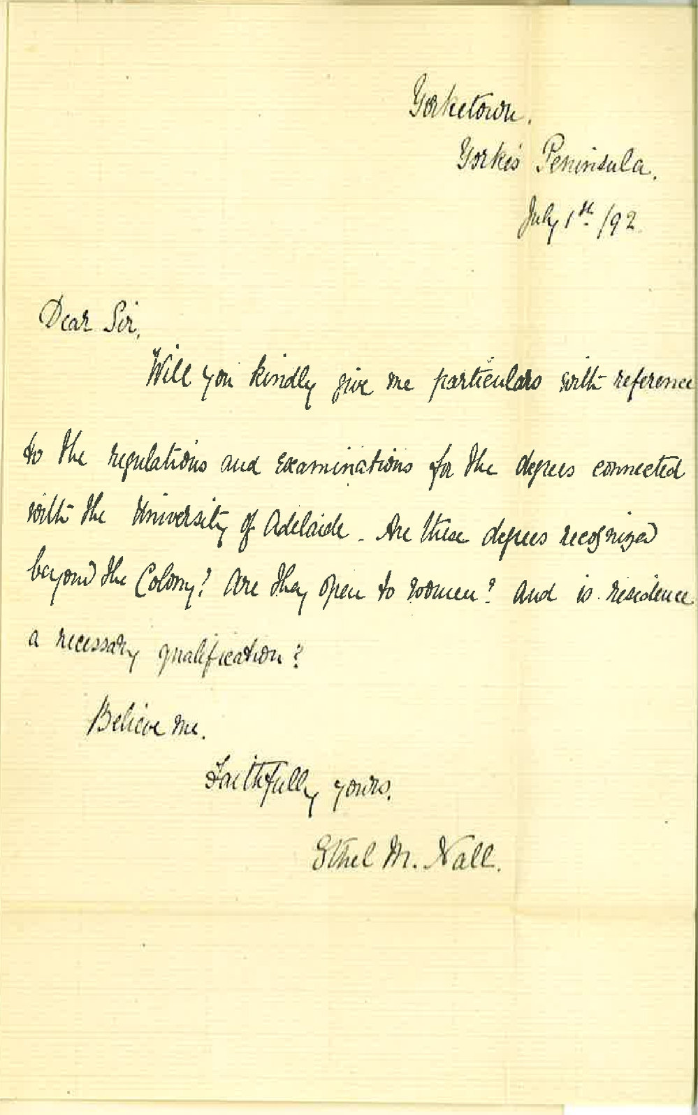 Miss Ethel M Nall - Yorketown - Yorke Peninsula - Requesting Information about Degrees Connected with the University