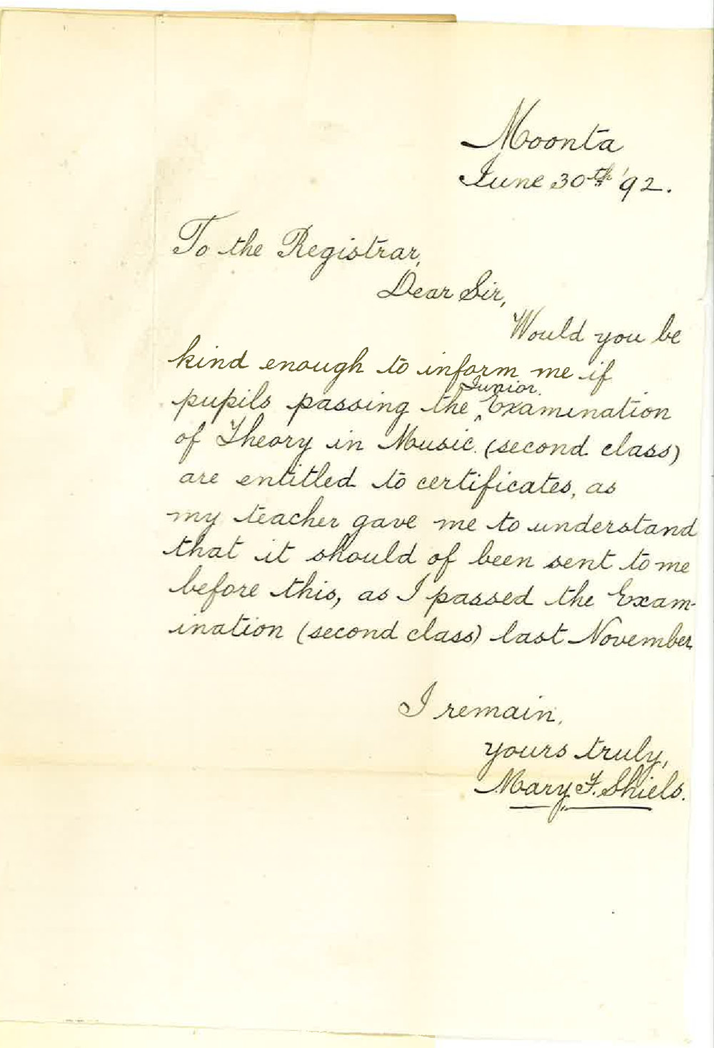 Miss Mary F Shiels - Moonta - Requesting Certificate