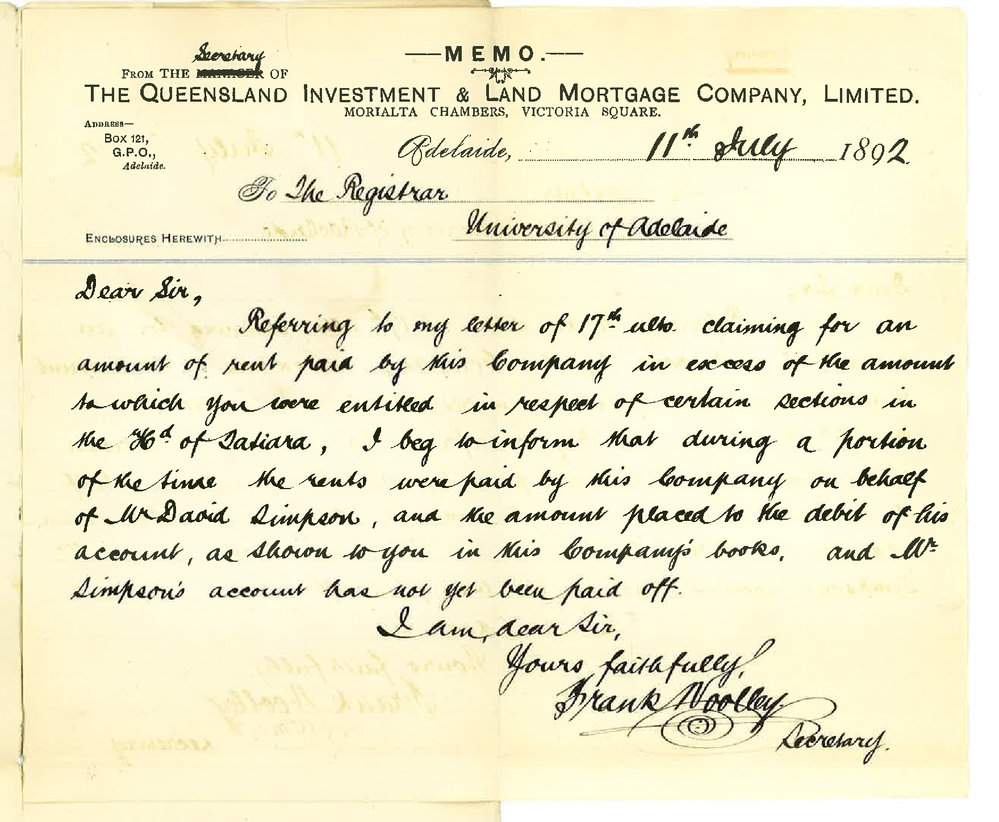 Frank Woolley - Secretary - Queensland Investment and Mortgage Company - Victoria Square Adelaide - Regarding Account for Over Charged Rent