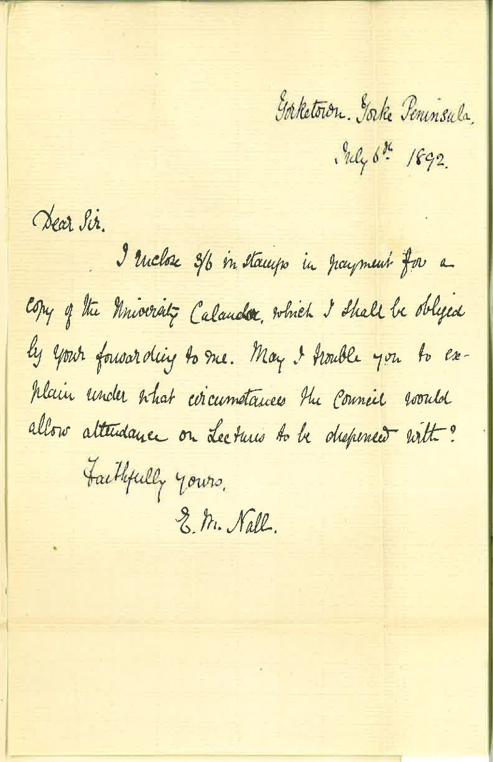 Miss Ethel M Nall - Yorketown Yorkes Peninsula - Requests Information and Calendar