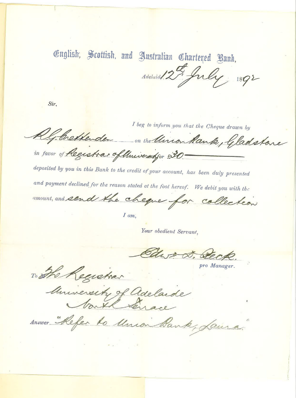 Edward Beck - English Scottish and Australian Chartered Bank - King William Street Adelaide - Payment Declined on Cheque Drawn by R G Crettenden