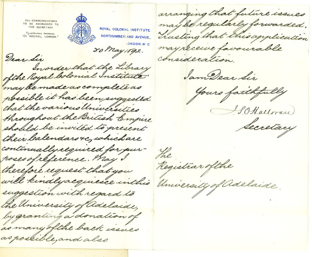 J S O'Halloran - Secretary - Royal Colonial Institute - Northumberland Avenue London - Requesting Donation of Calendars for Library