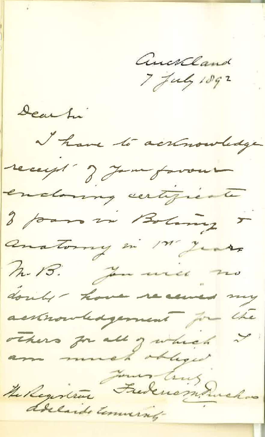 Frederic Maurice Purchas - Auckland - Acknowledgement of Receipt of Certificate