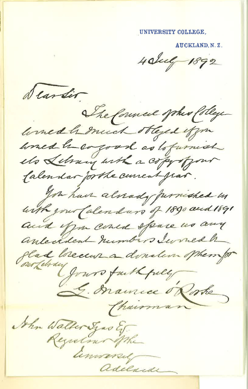 George Maurice O'Rorke - University College - Auckland New Zealand - Requesting donation of Calendars