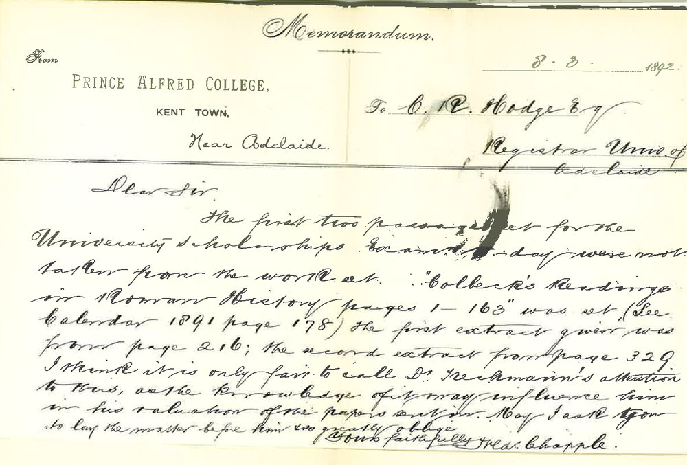 Frederic Chapple - Prince Alfred College - The French Set for University Scholarship Not Same as Prescribed