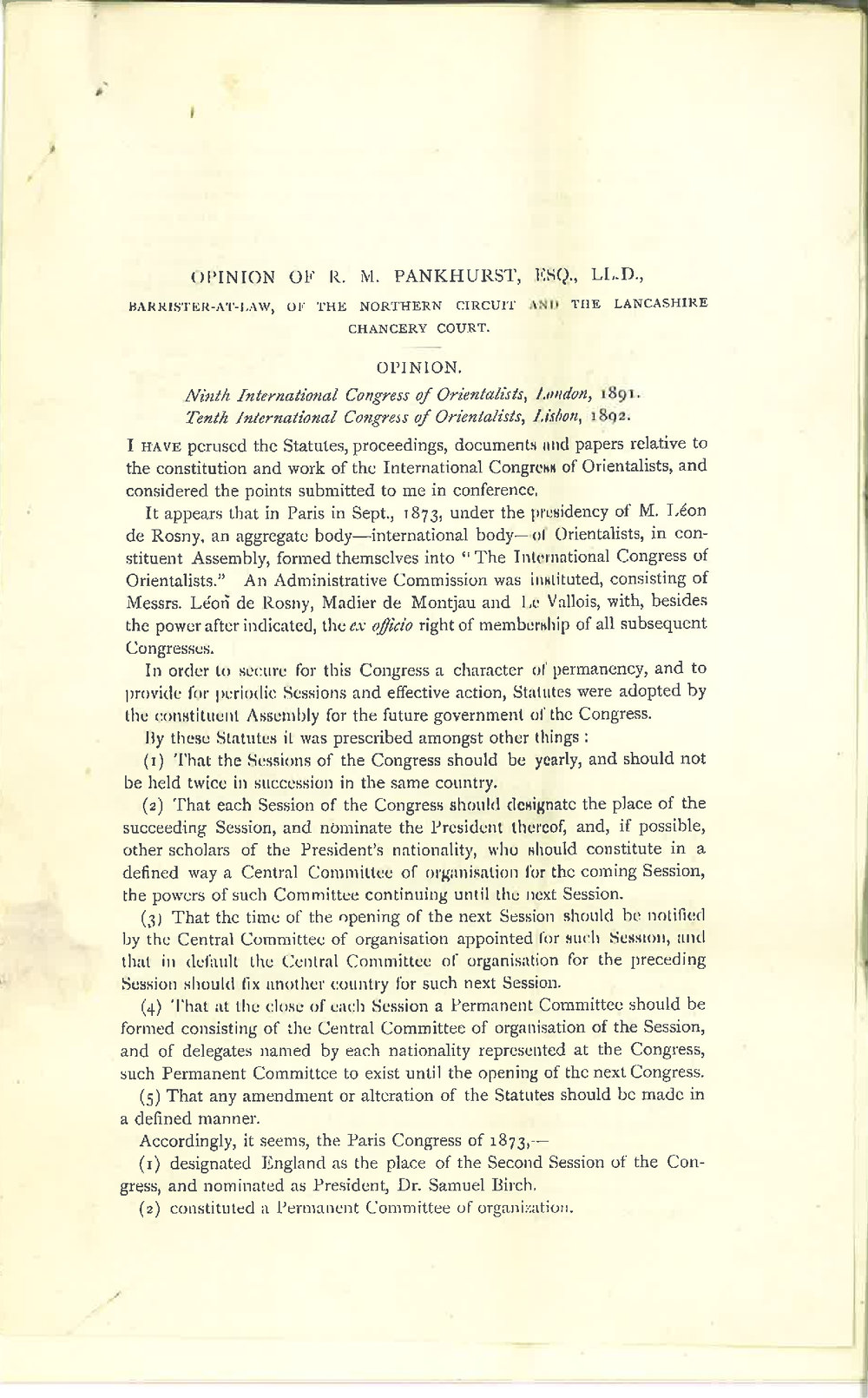 President International Congress of Orientalists - Regarding Congress of Orientalists in September