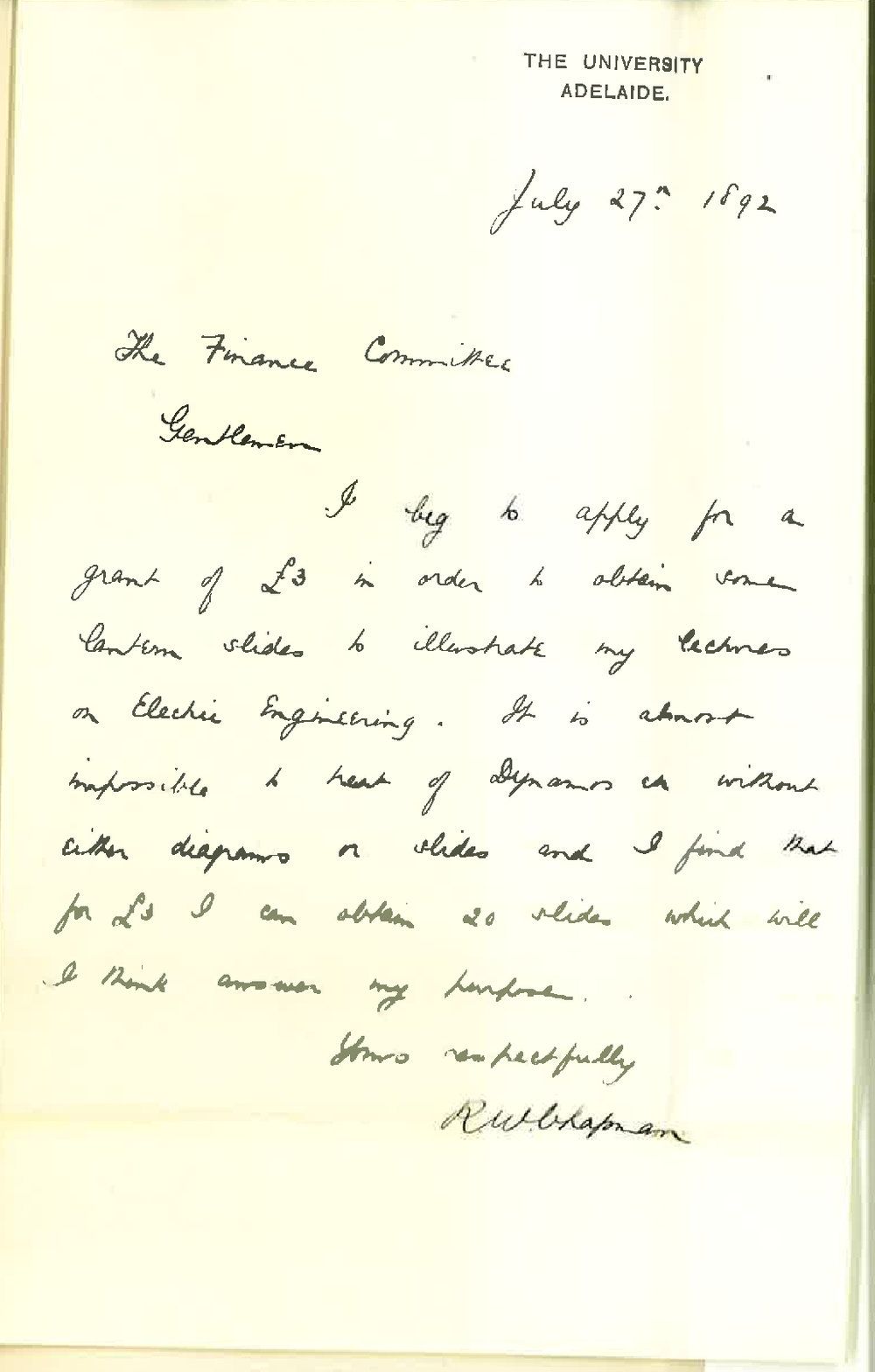 Robert William Chapman - The University - Requests Grant of &pound;3 for the Purchase of Lantern Slides