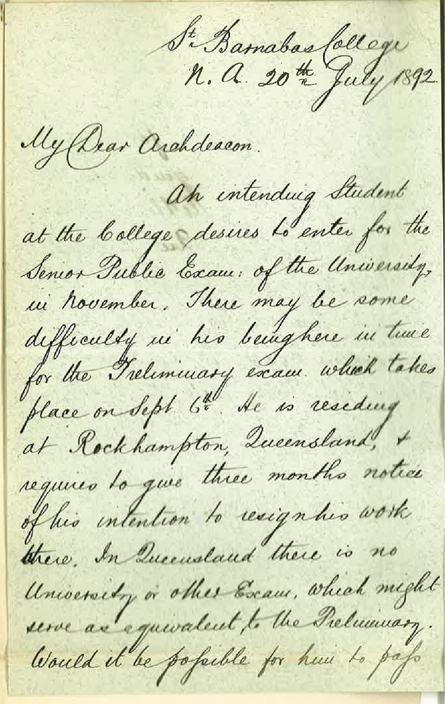 W S Milne - St Barnabas College - North Adelaide - Requests Local Preliminary Examination Queensland
