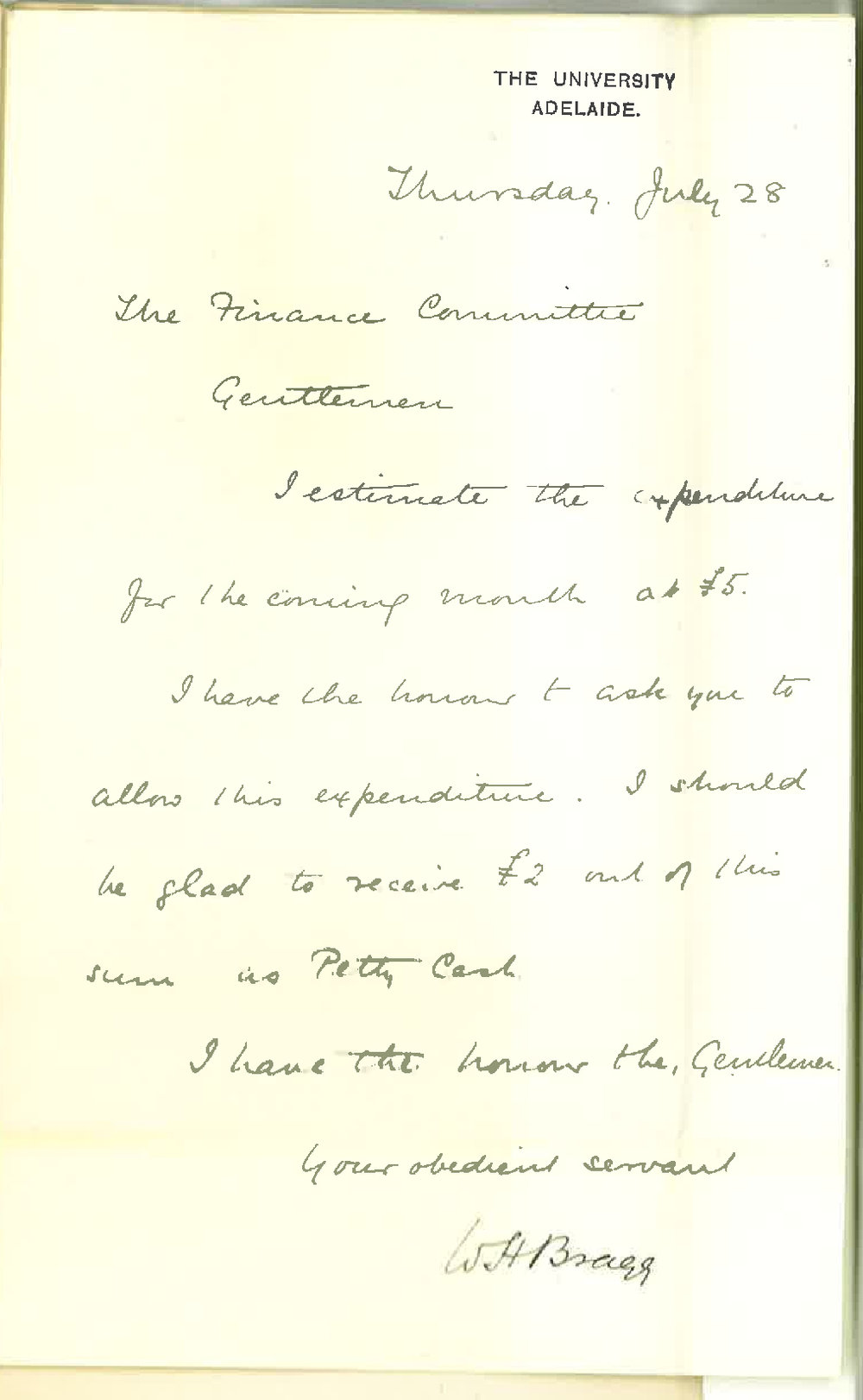 Professor William Henry Bragg - The University - Estimated Expenditure for August 1892