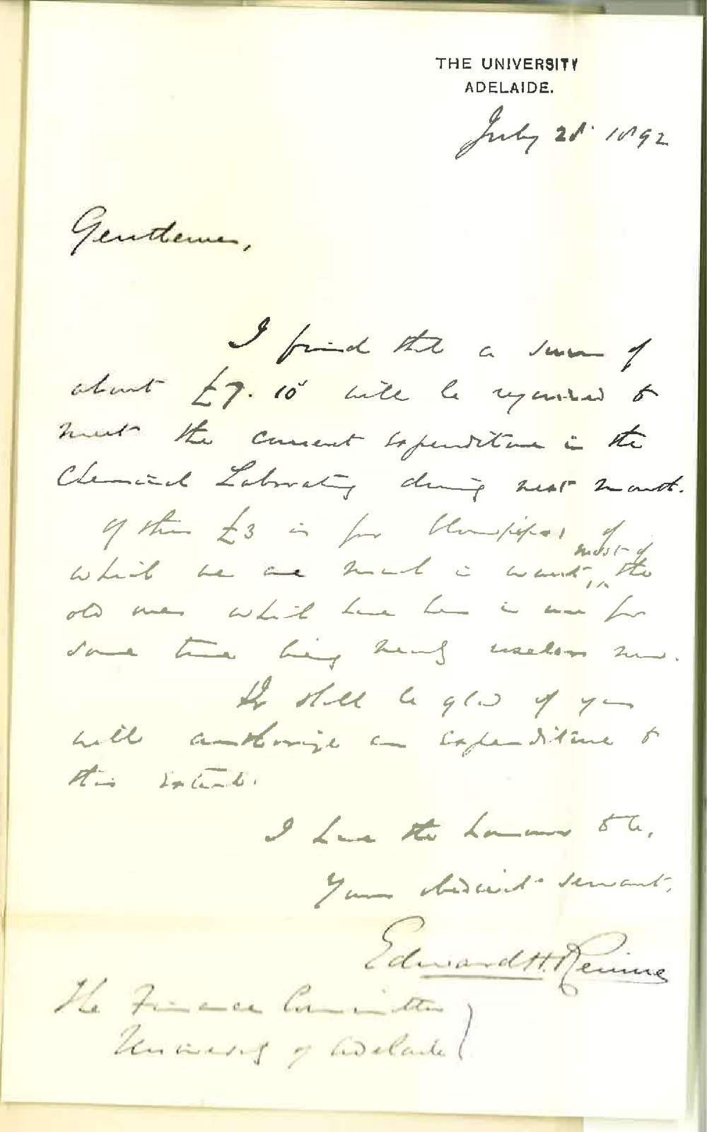 Professor Edward Henry Rennie - The University - Estimated Expenditure for August 1892