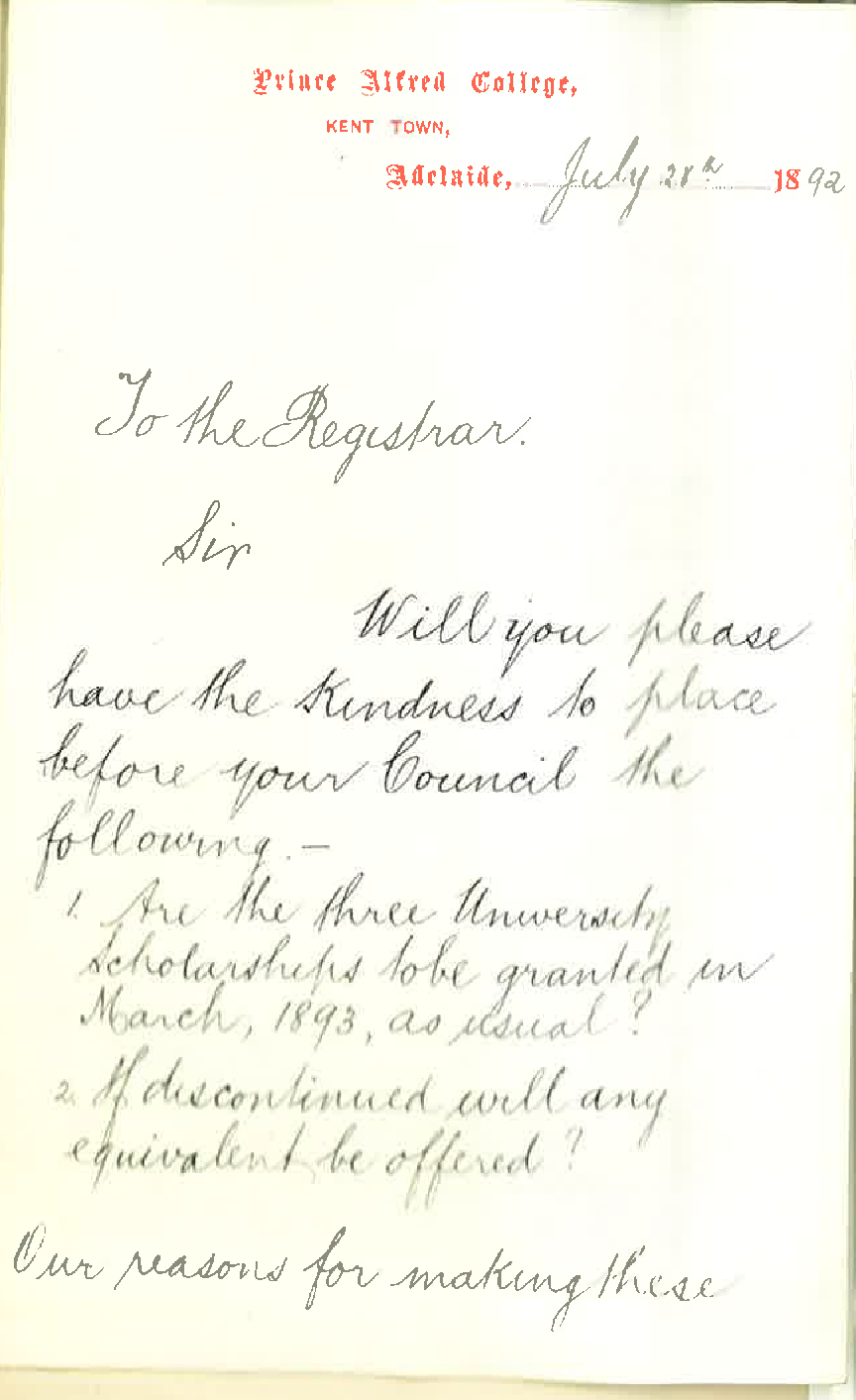 Students - Prince Alfred College - Kent Town - Requesting Information if University Scholarships will be Granted in March 1893