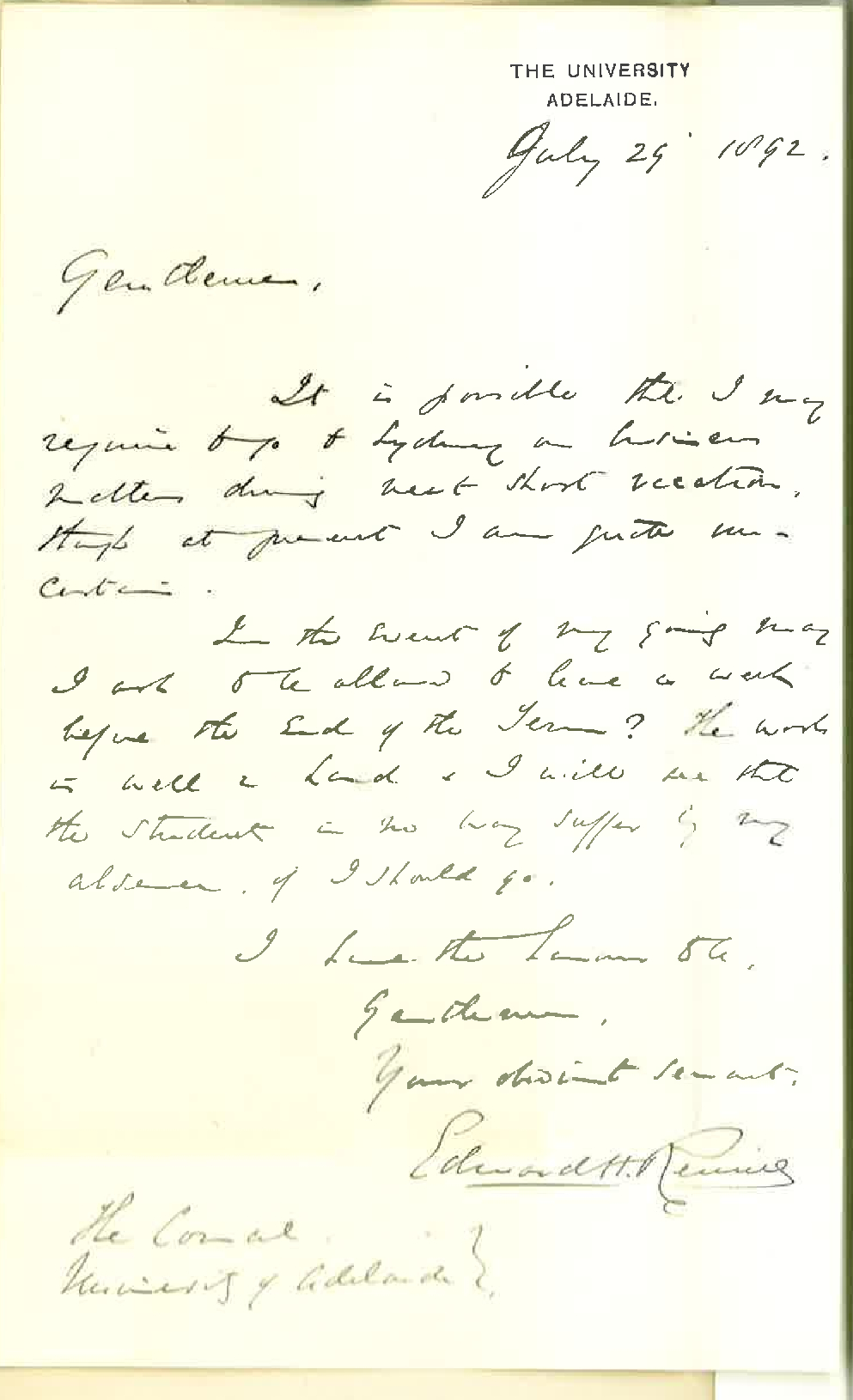Professor Edward Henry Rennie - The University - Leave of Absence if Required