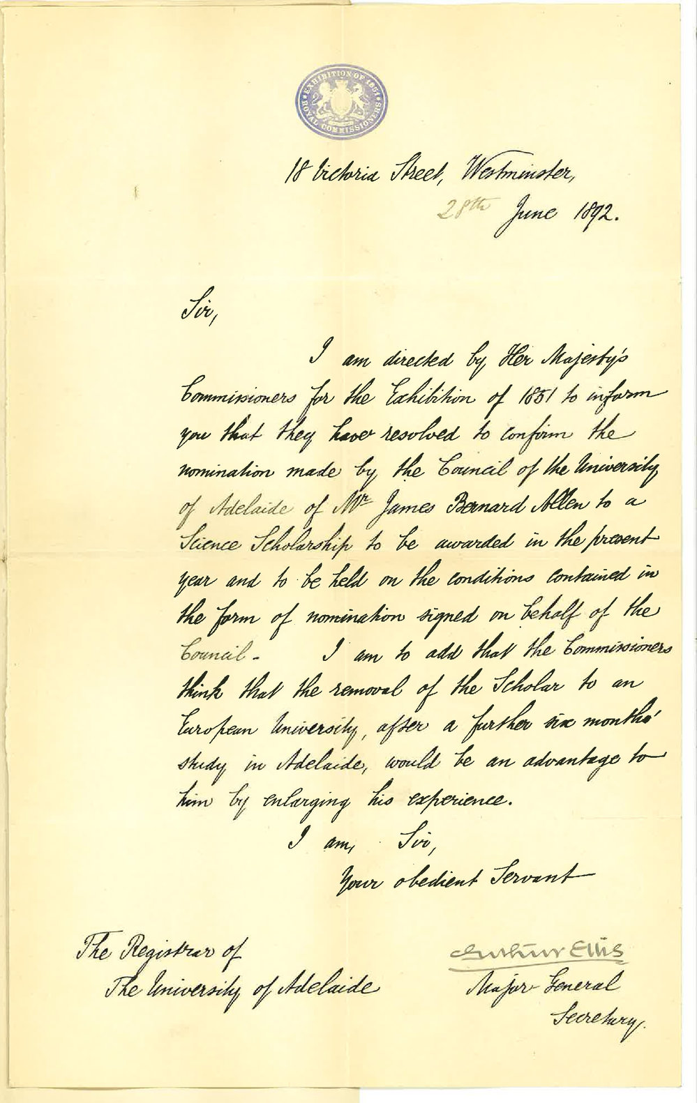 Commissioners Exhibition of 1857 - Westminster - Confirming Nomination of Mr J B Allen to Science Scholarship