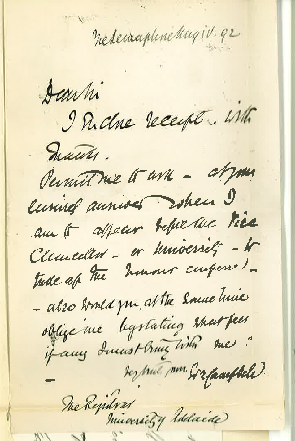 Reverend W A Campbell - Semaphore - When Degree will be Conferred etc