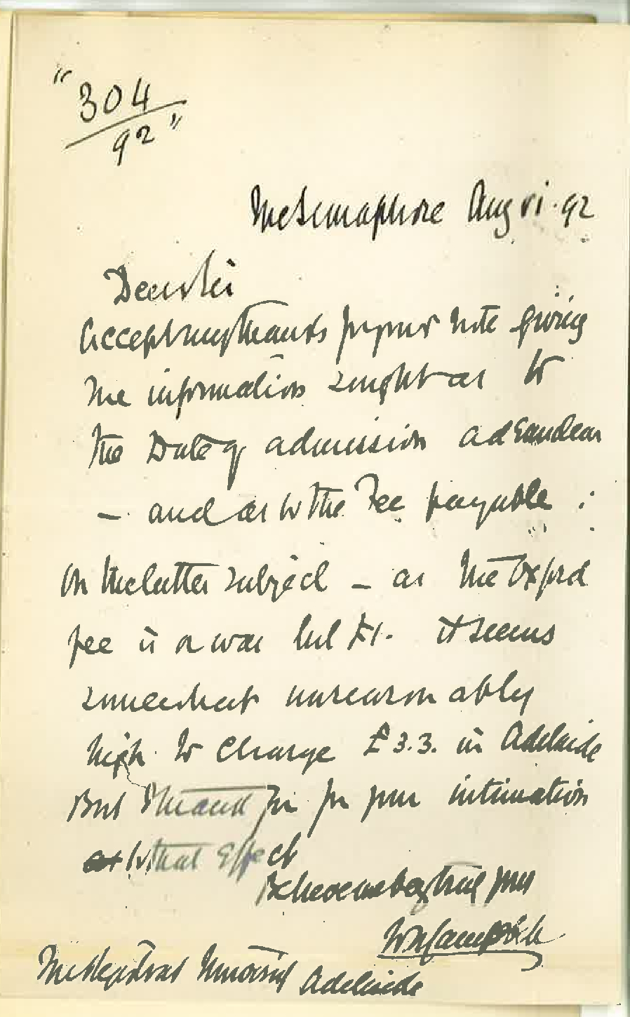Reverend W A Campbell - St Bedes Vicarage - The Semaphore - Regarding Fee for Admission Ad Eundem Gradum