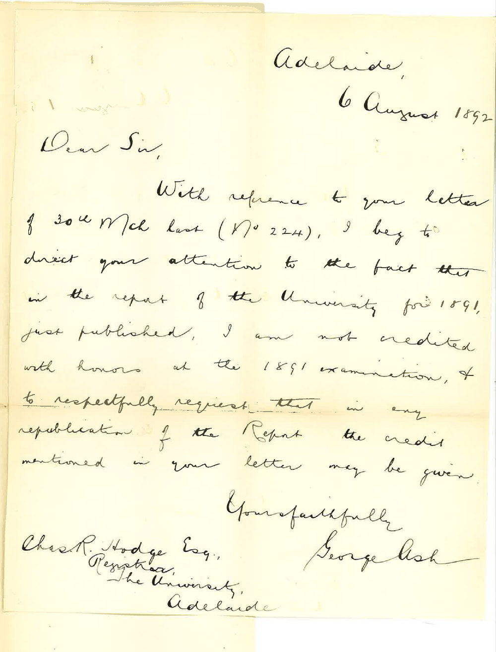 George Ash - Parliament House North Terrace - Not Credited with Having Passed with Honours in Report