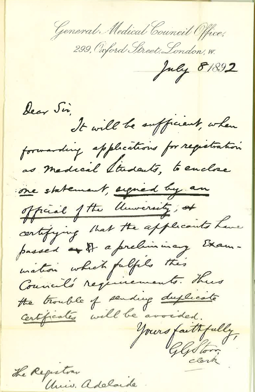 G G Storr - Clerk - General Medical Council Office - London - Regarding Registration of Medical Students