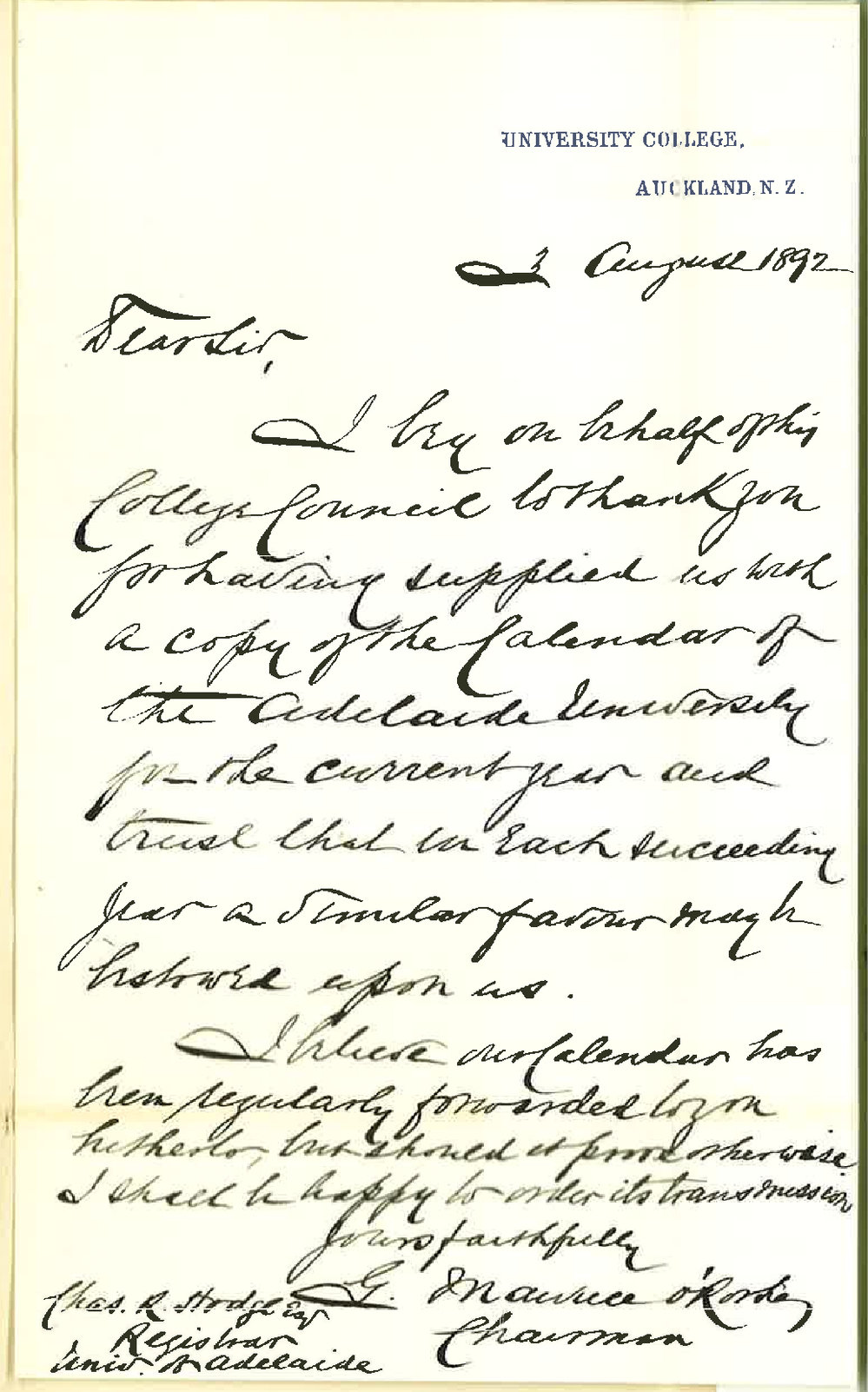 George Maurice O'Rorke - University College - Auckland New Zealand - Thanks for Calendar