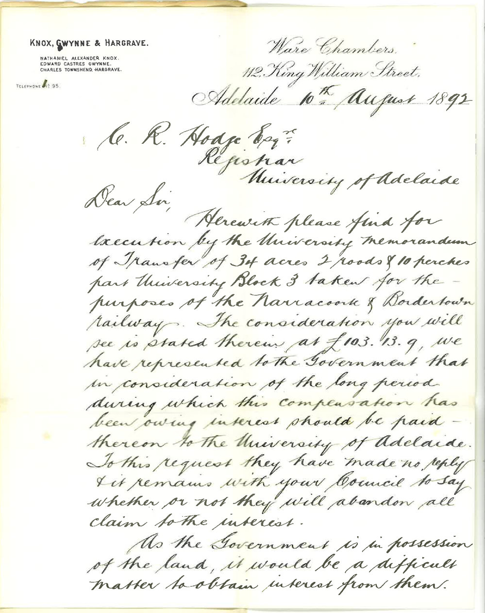 Knox Gwynne and Hargrave - King William Street Adelaide - Compensation for Land Resumed by Government for Railway Purposes