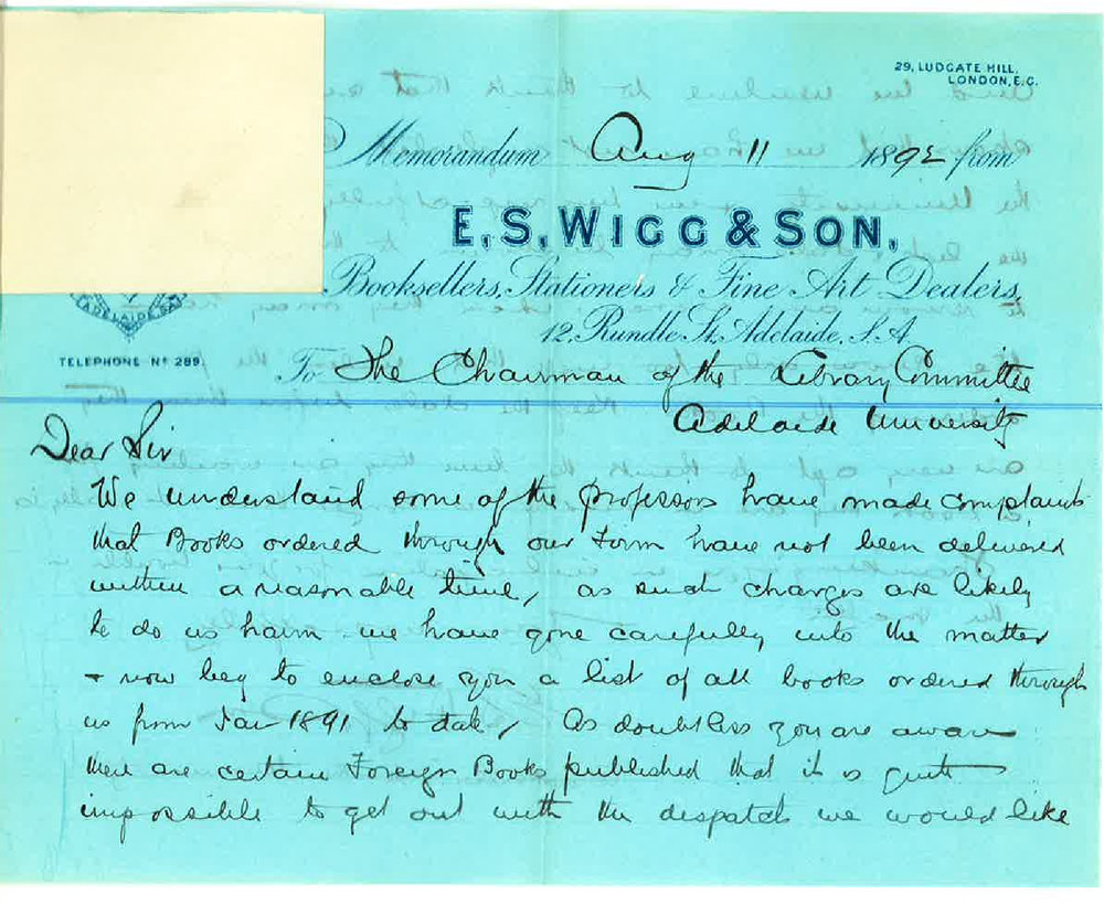 E S Wigg and Son - Adelaide - Regarding Complaint with Reference to Orders for Books