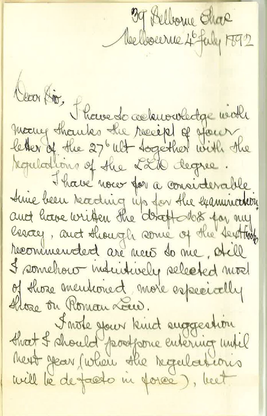 Albert E Jones to Professor F W Pennefather - Melbourne - Regarding LLD Degree
