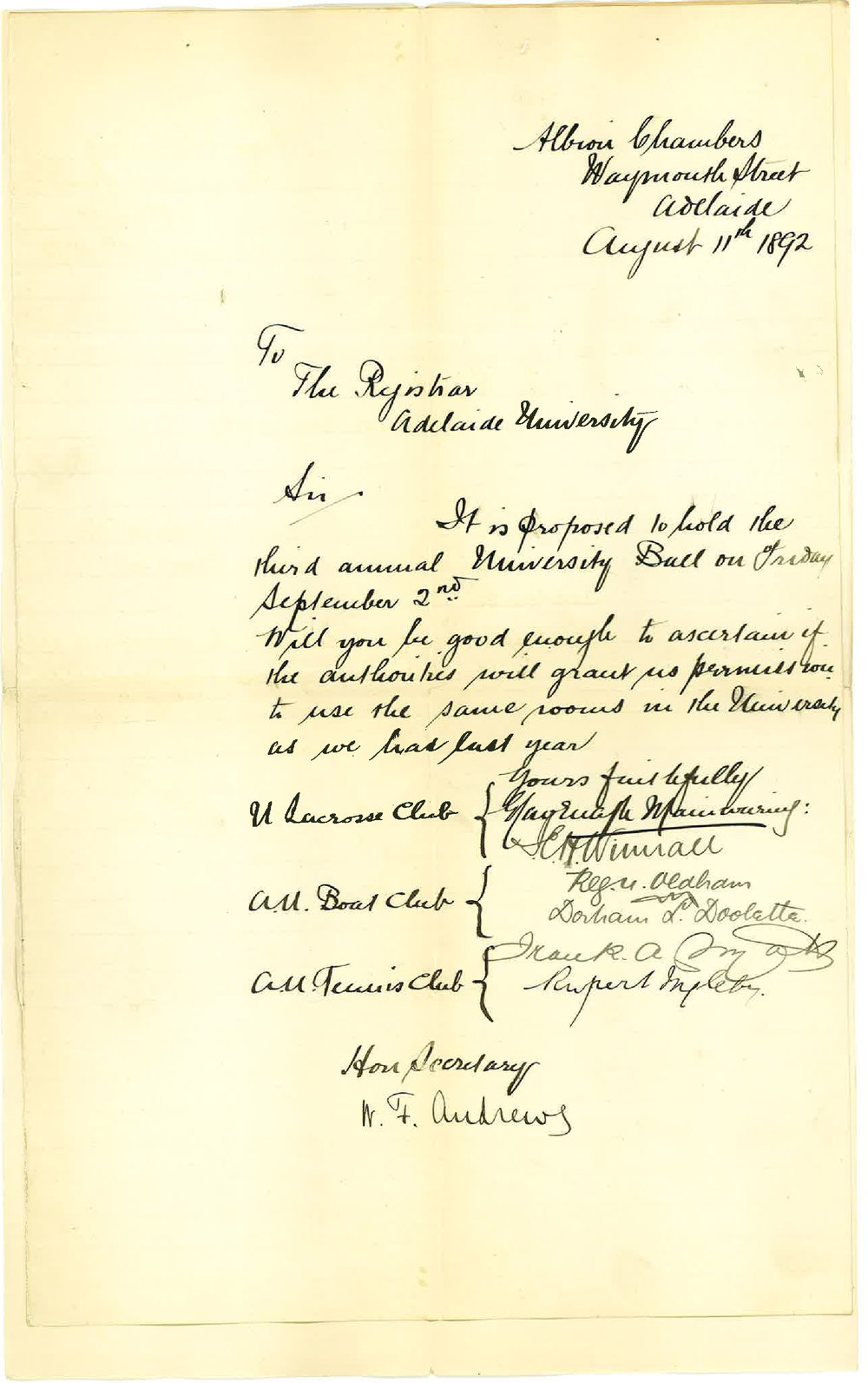 Students - The University - Request Use of Room in University for Third Annual Ball