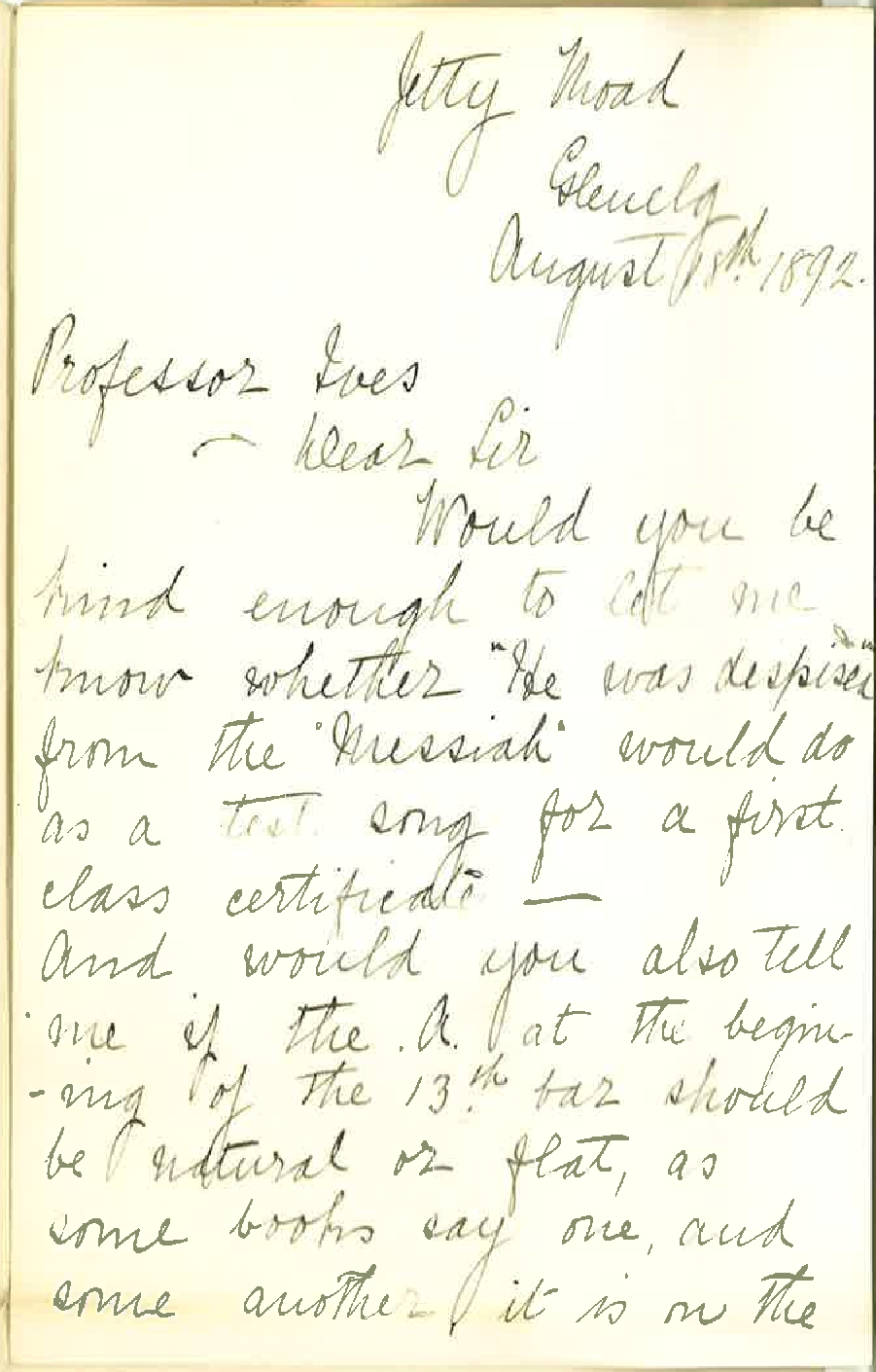 Miss Annie Francis to Professor Ives - Jetty Road Glenelg - Information Musical Examination