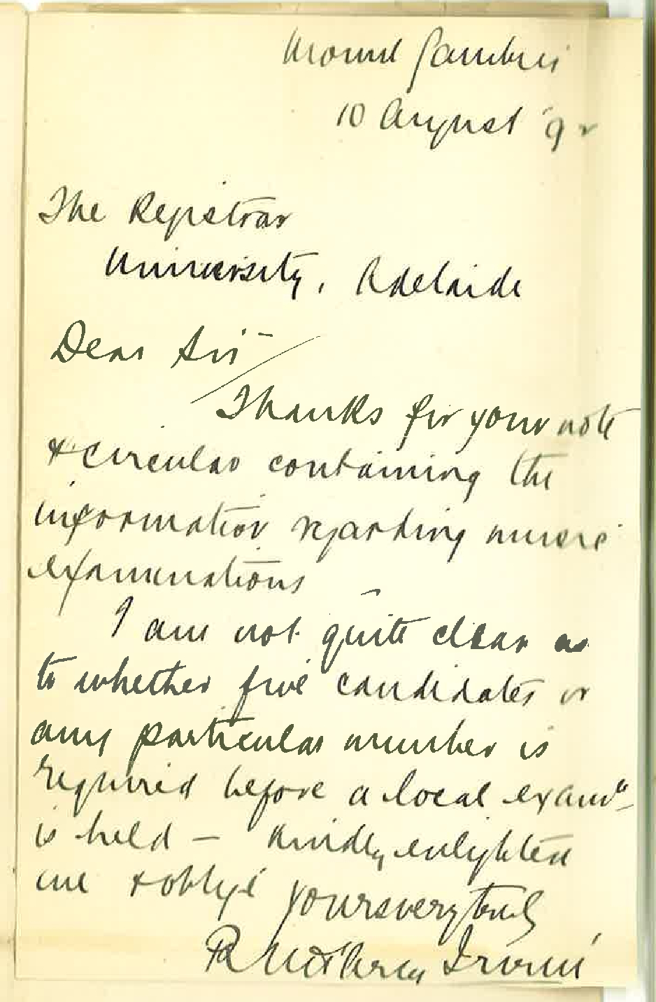 R W d'Arcy Irvine - Mount Gambier - Local Examination in Music