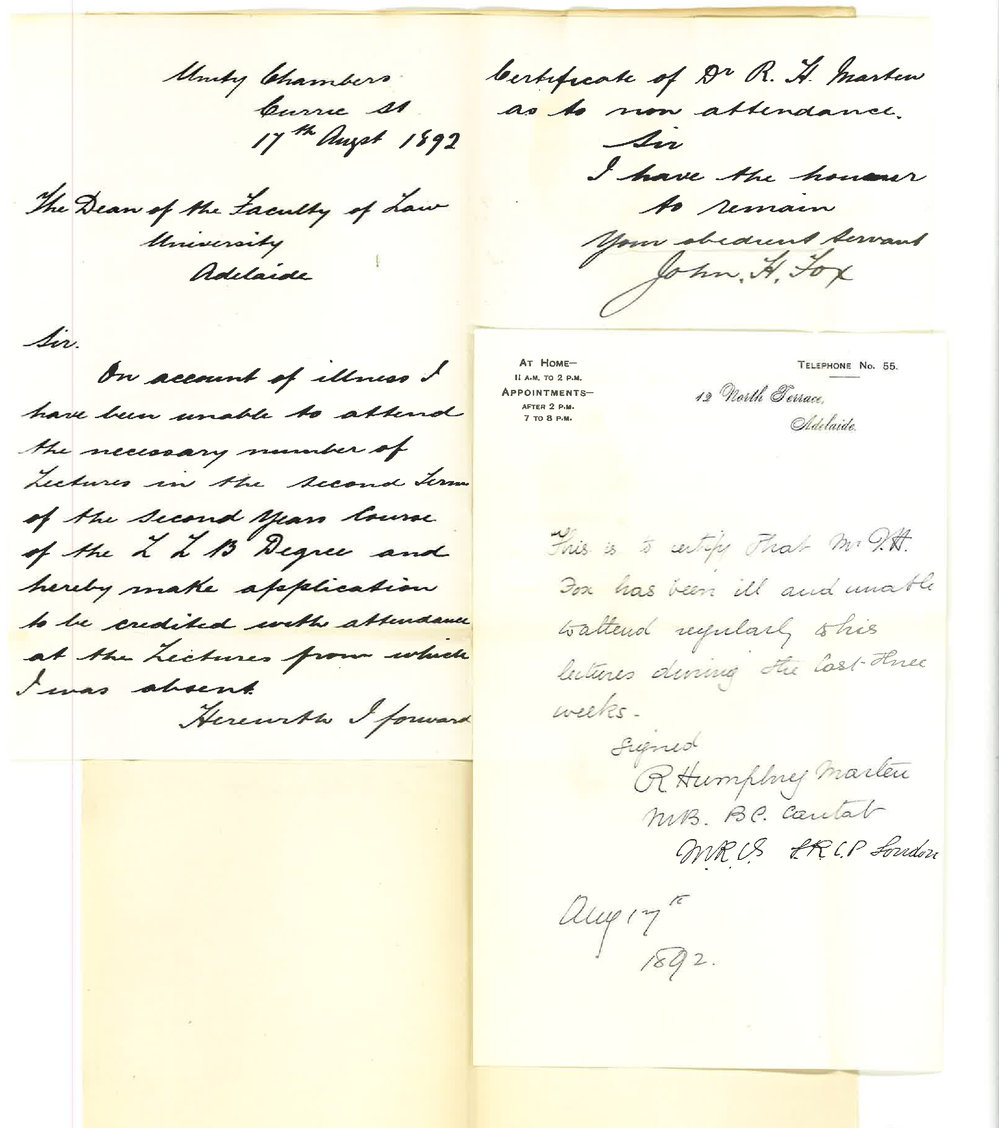 John Henry Fox - Unity Chambers - Currie Street Adelaide - Requests Credit for Attendance of Lectures