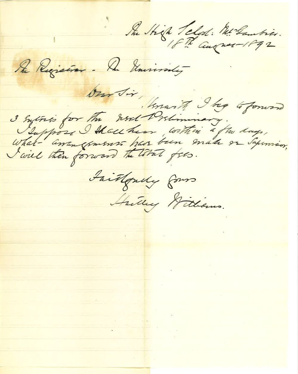 Reverend Hartley Williams - The High School - Mount Gambier - Forwarding Entries for Preliminary Examination in September etc