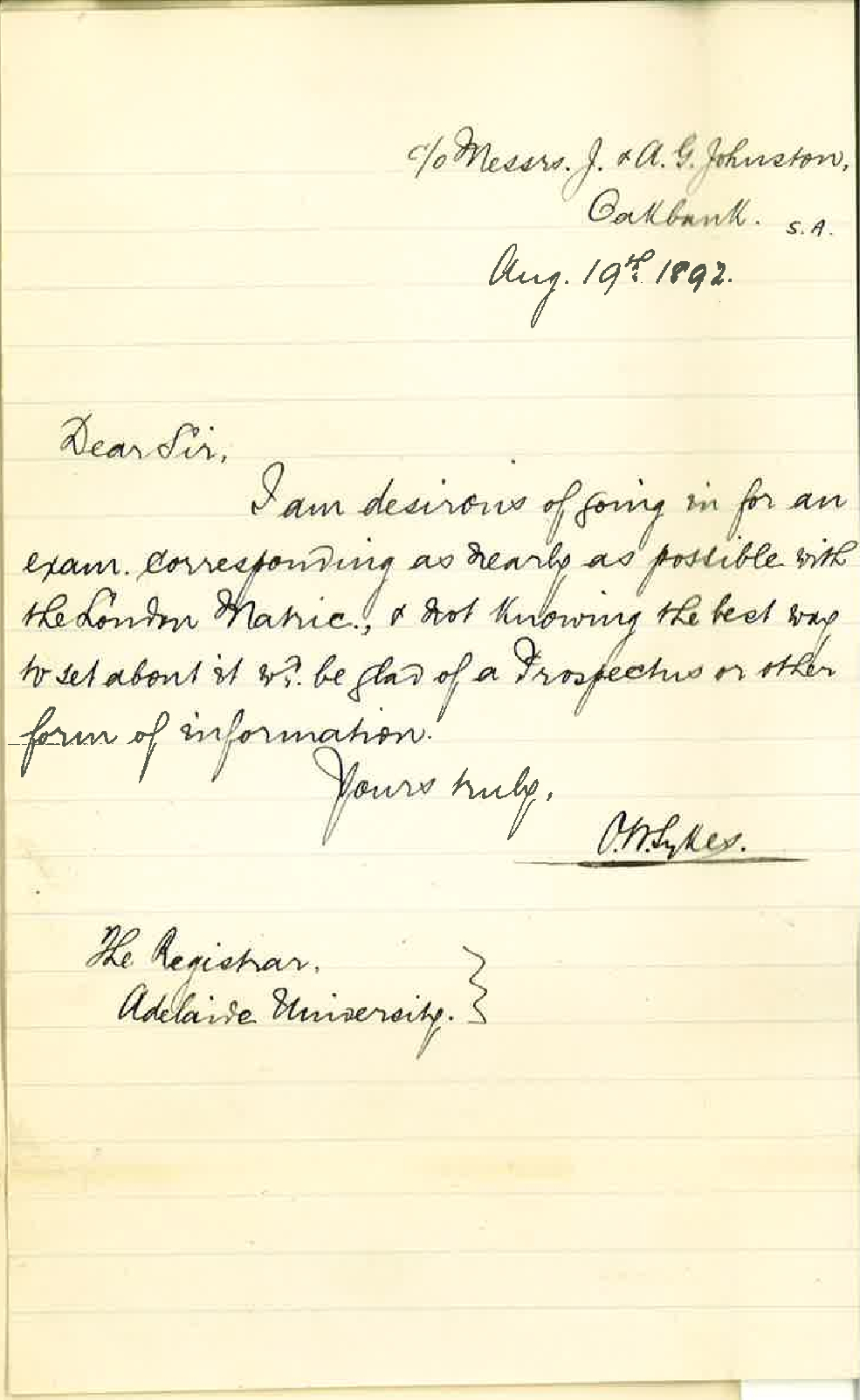 O W Sykes - Messrs J and A G Johnston - Oakbank - Information Senior Public Examination