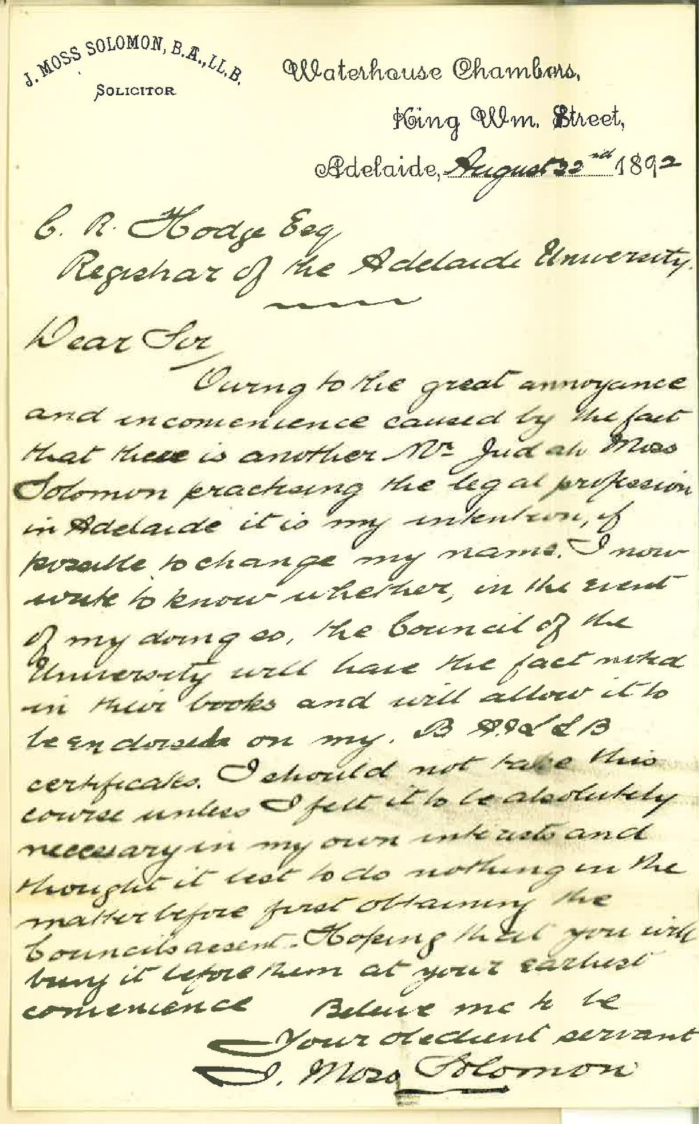J Moss Solomon - Waterhouse Chambers - King William Street Adelaide - Regarding Change of Name