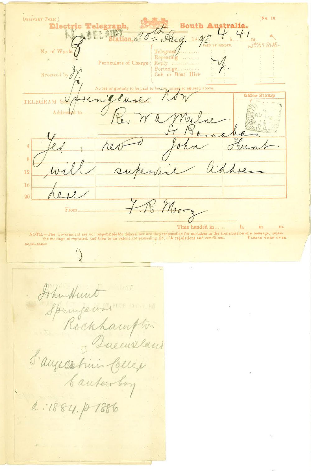 F R Morz - Telegram to Reverend W A Milne - Springsure New South Wales - Supervisor for Local Preliminary Exam Rockhampton Queensland