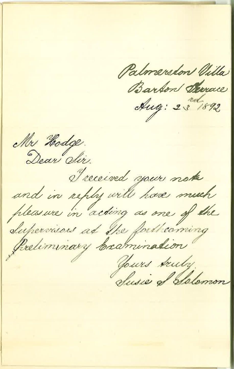 Miss Susie S Solomon - Barton Terrace North Adelaide - Will Act as Supervisor