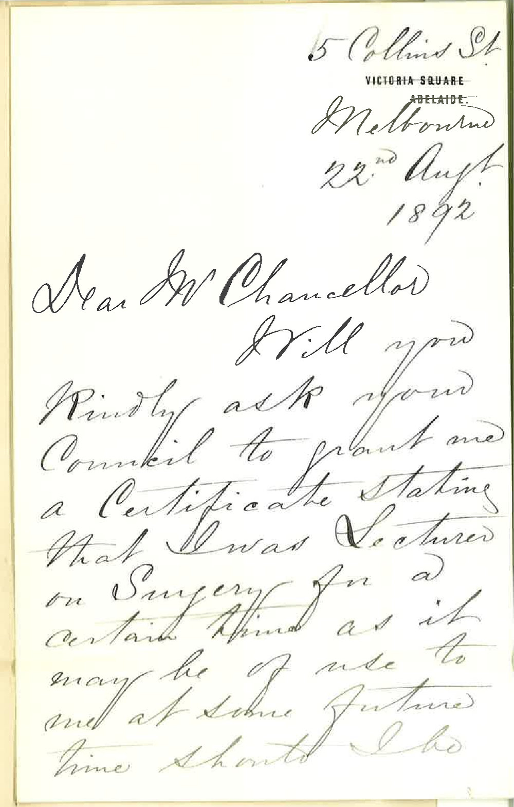 Dr William Gardner - 5 Collins Street Melbourne - Requests certificate