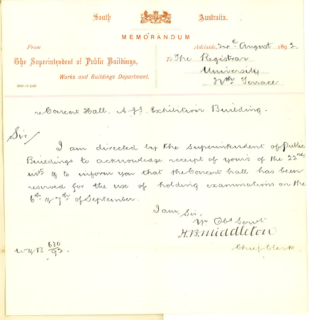 H B Middleton - Chief Clerk - Superintendent of Public Buildings - South Australia - Concert Hall Reserved for University