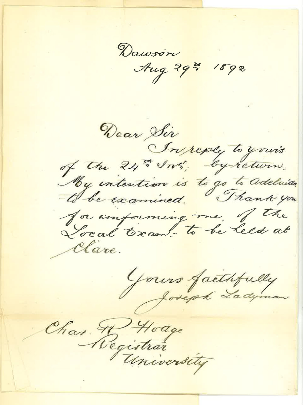 Joseph Ladyman - Dawson - Will Attend Preliminary Examination at Adelaide