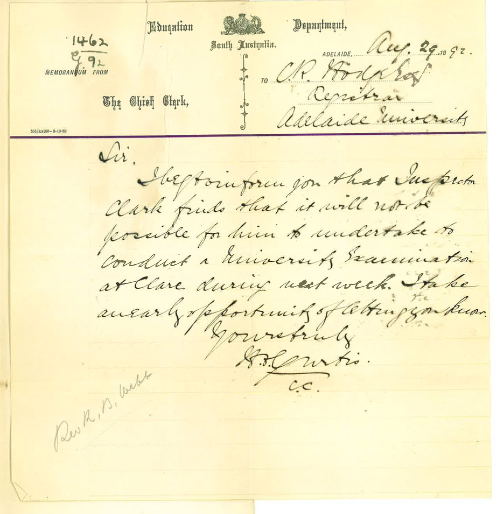 H A Curtis - Education Department South Australia - Not Possible to Hear Candidates Read etc at Clare