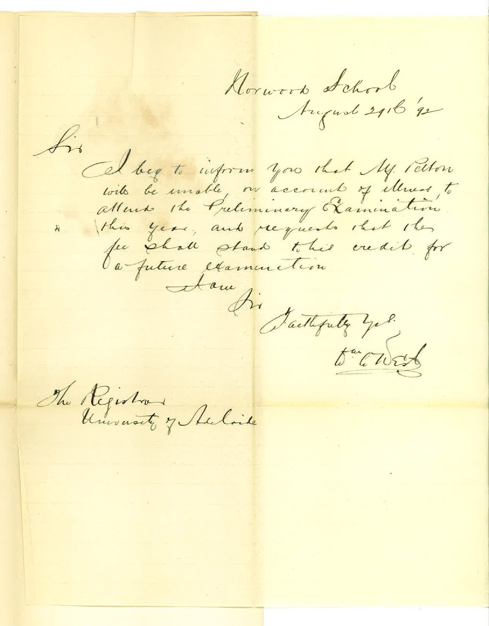 William E West - Public School Norwood - Withdraws Candidate from Preliminary Examination September 1892