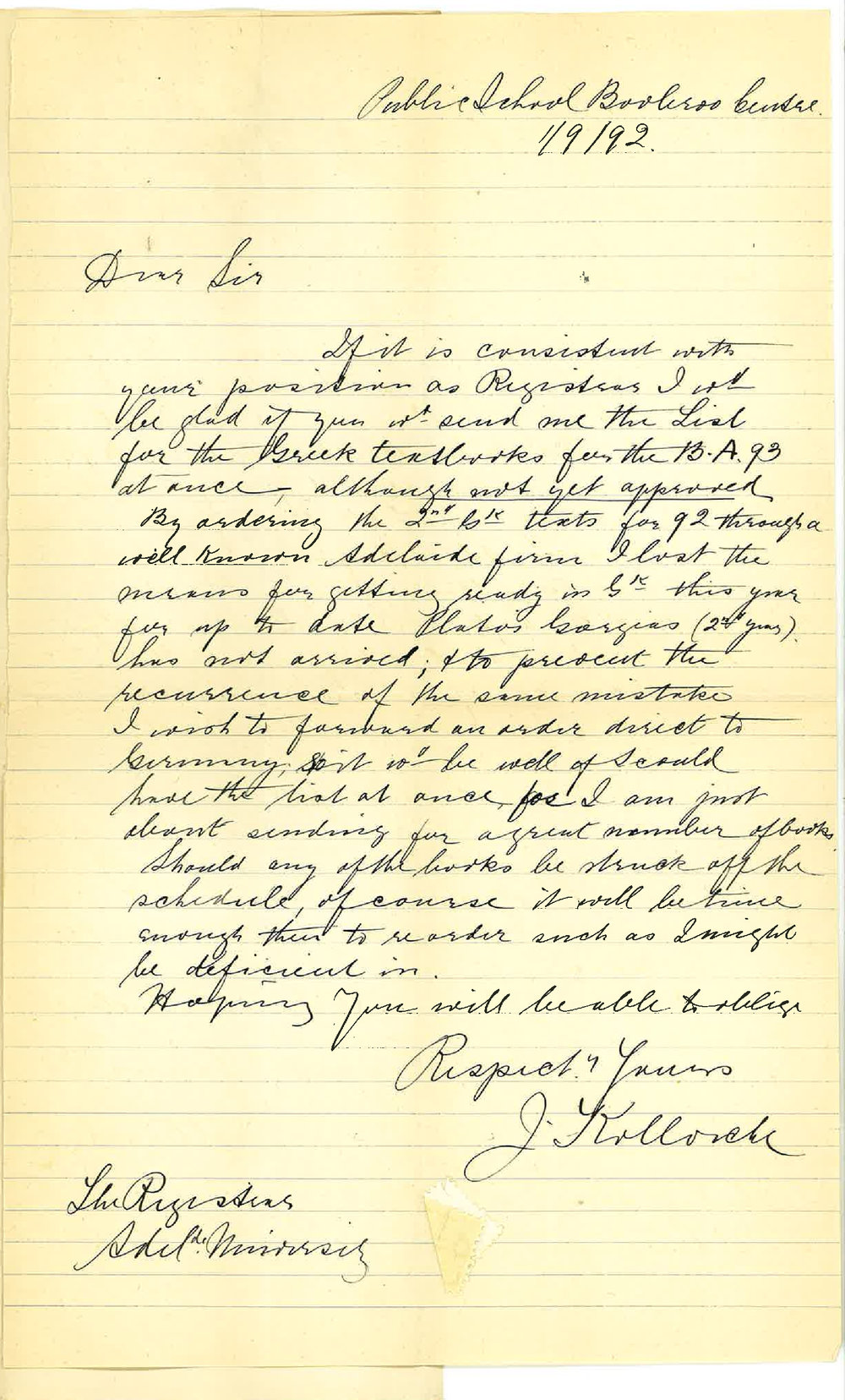 John Kollosche - Public School - Booleroo Centre - Requests BA Schedule for 1893